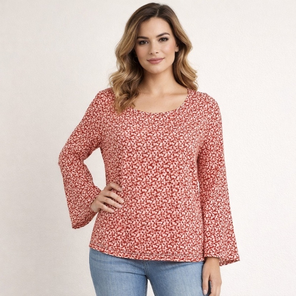 Max Studio NEW Red Cream Romantic Boho Ditzy Floral Bell Sleeve Blouse Size M